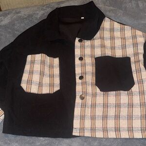 Plaid and Black Button-Up Flannel (Cropped)